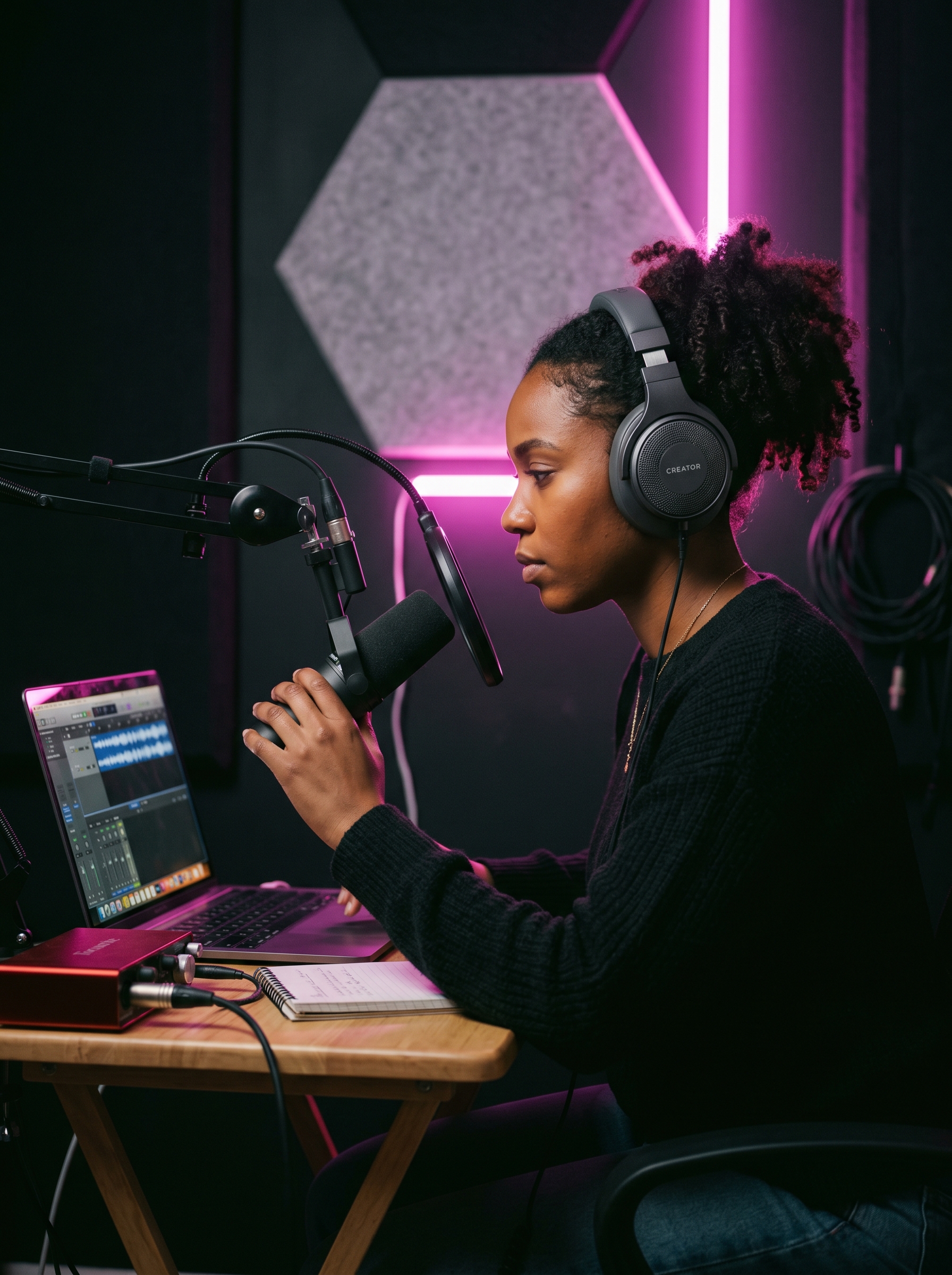 Content creator at studio desk, headphones on, side profile at work