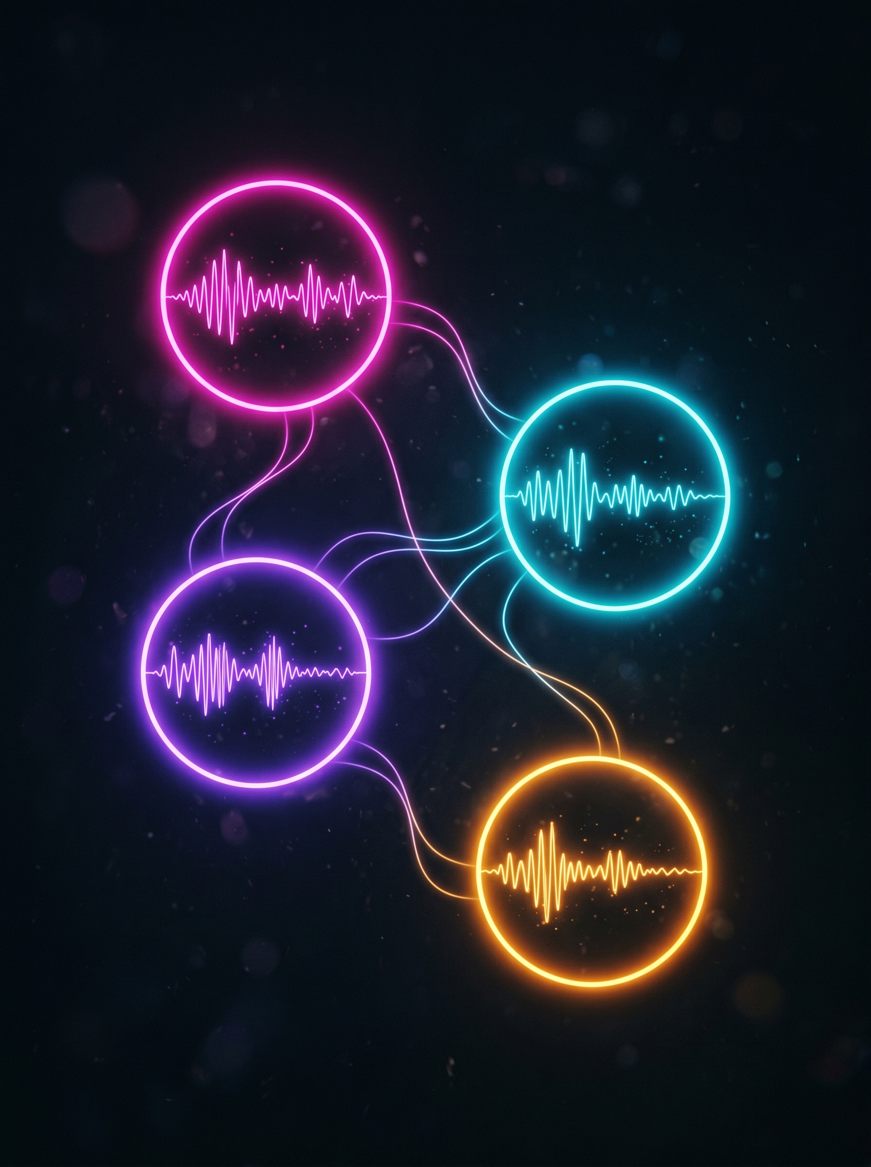 Multi-voice project — floating voice avatars connected by waveforms