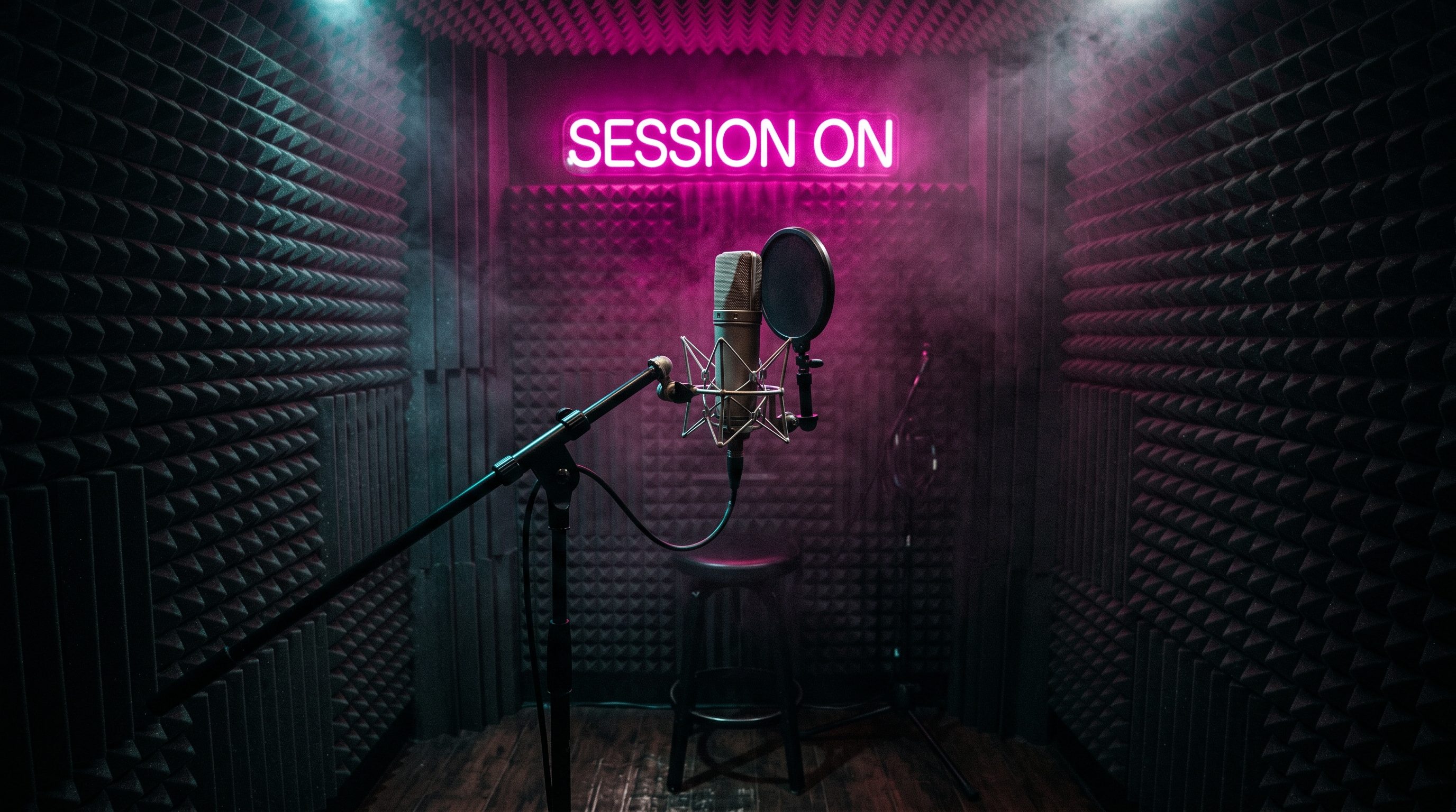 Recording studio at night, one spotlight on a microphone