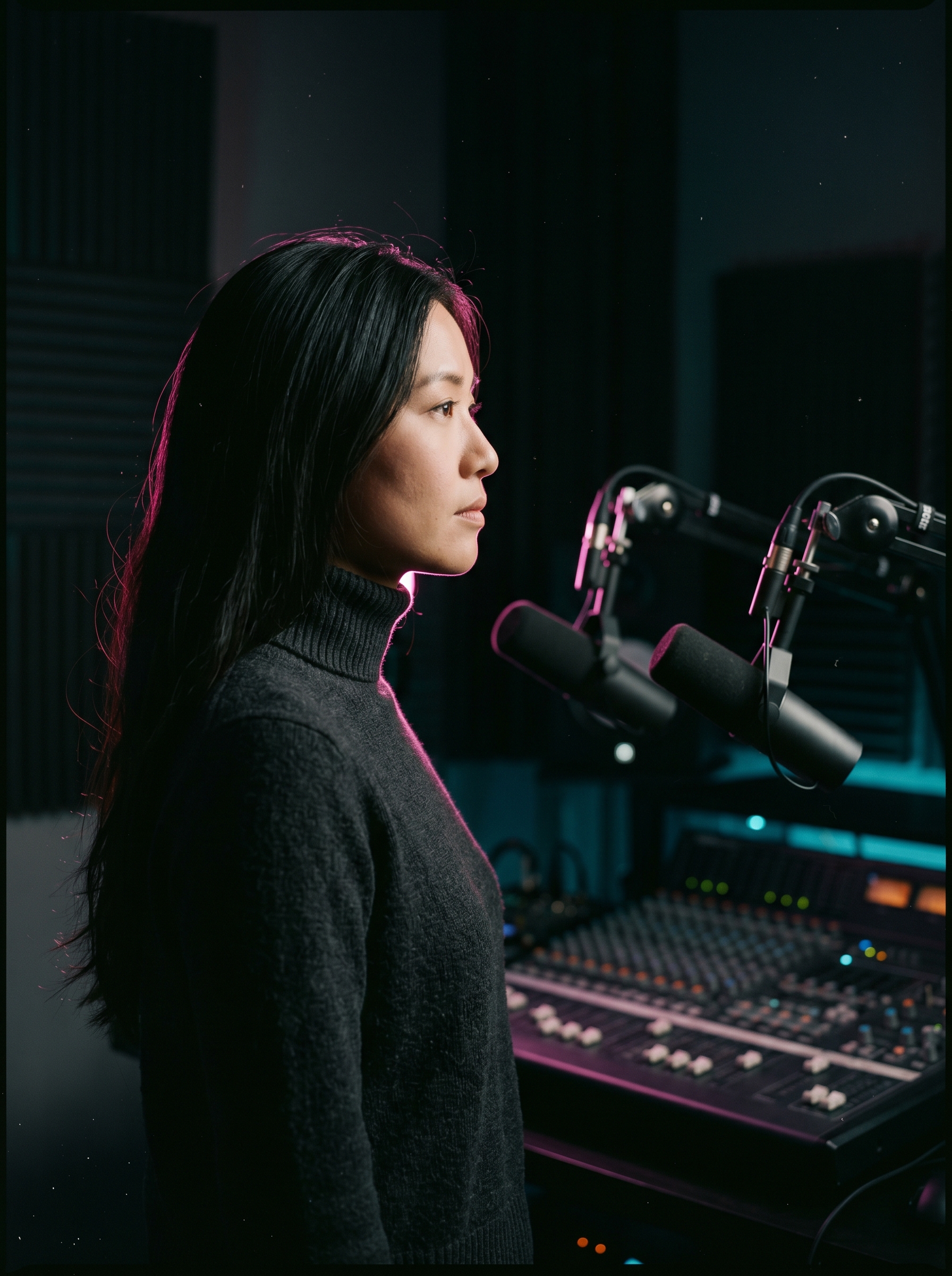 Amara Kimura, AnyVoice CEO — studio portrait with magenta rim lighting